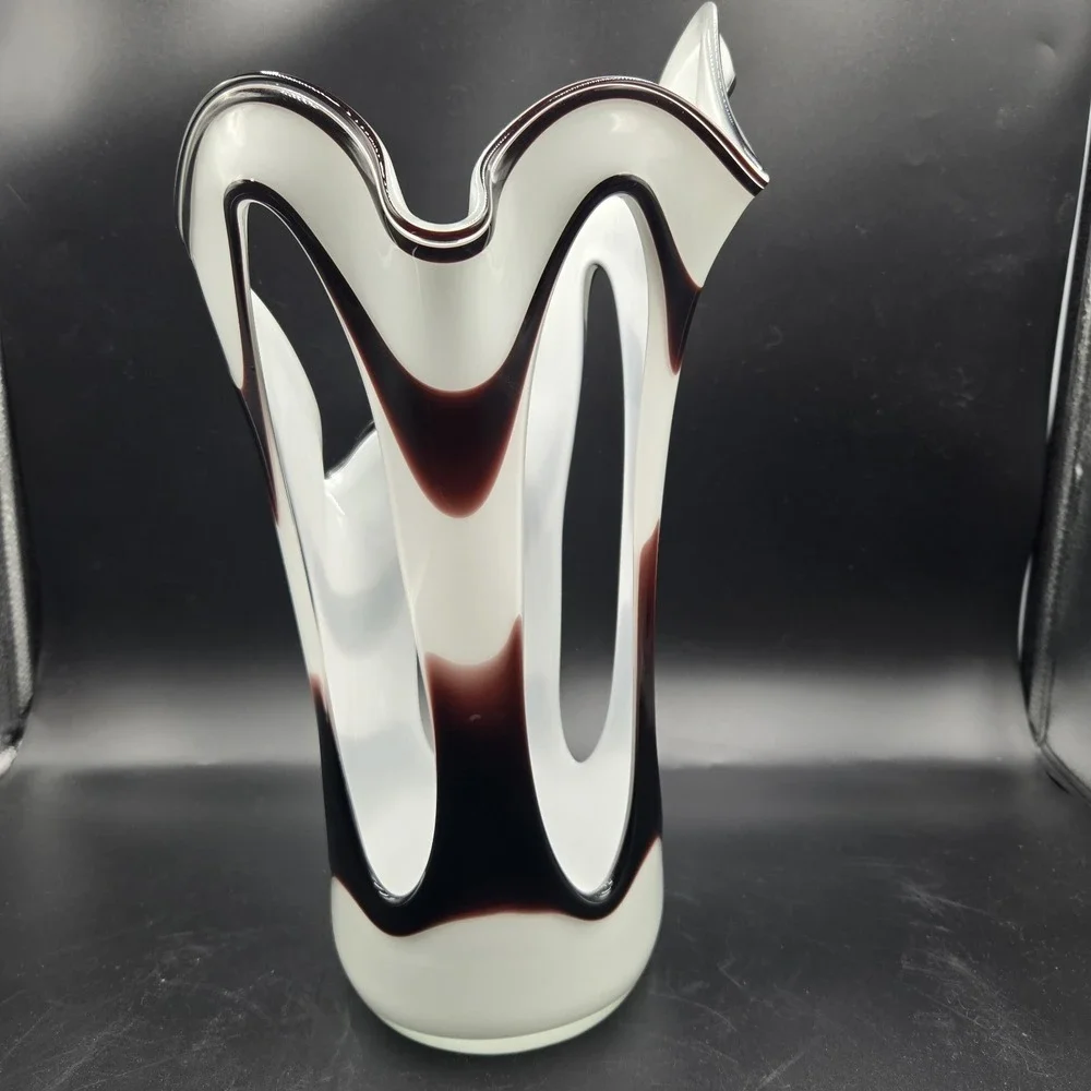 VTG Jozefina Krosno Hand-Blown Art Glass Vase Erupt Series Zebra Swirl Maroon